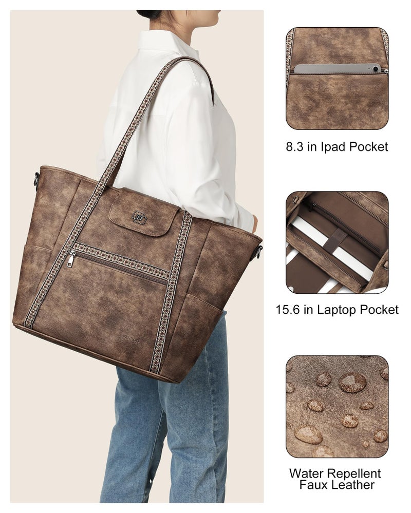 FADEON Large Laptop Tote Bag for Women Designer Leather Laptop Bag Fashion Travel Backpack Purse Shoulder Handbag Coffee - Image 5