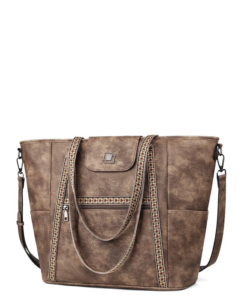 FADEON Large Laptop Tote Bag for Women Designer Leather Laptop Bag Fashion Travel Backpack Purse Shoulder Handbag Coffee - Image 1