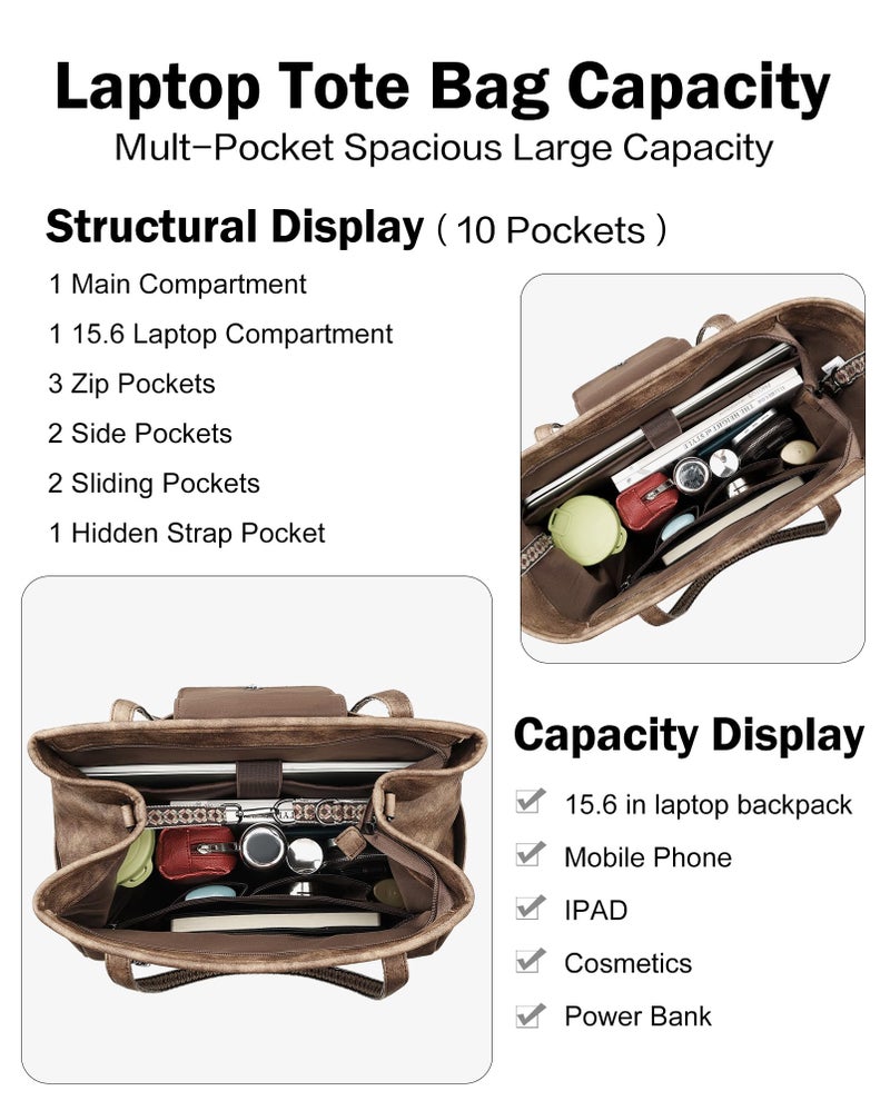FADEON Large Laptop Tote Bag for Women Designer Leather Laptop Bag Fashion Travel Backpack Purse Shoulder Handbag Coffee - Image 3