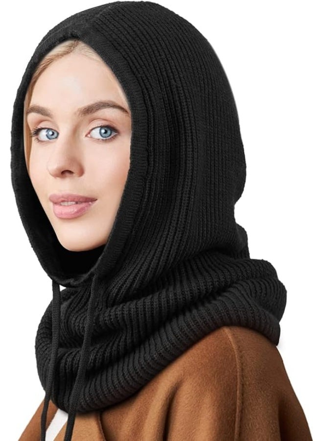 Winter Hats Balaclava Knit Beanie with Adjustable Drawstring Warm Hooded Scarf Skull Cap, Warm Winter Hats for Women Men Outdoor Sports - One Size - Image 1