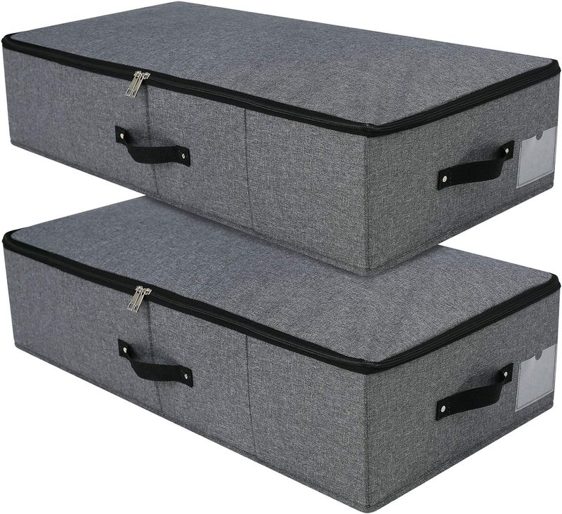 Omygarden Foldable Under Bed Storage Box with Plastic Support Liner, Handles, Zipper lid, Blankets Clothes Comforters Storage Bin Organizer for Bedroom and Closet, 74.5×38×18cm, Black Grey， 2PCS - Image 1