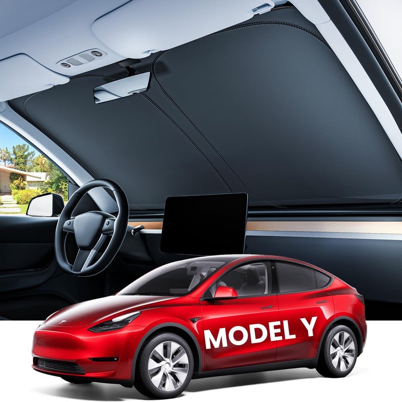 REEVAA 2025 Upgraded Tesla New Model Y Juniper Sunshade Windshield Tailored Fit 99 Sun Protection Foldable Sun Shade Accessories with Storage Bag for Model Y 20162026 Silver Coating