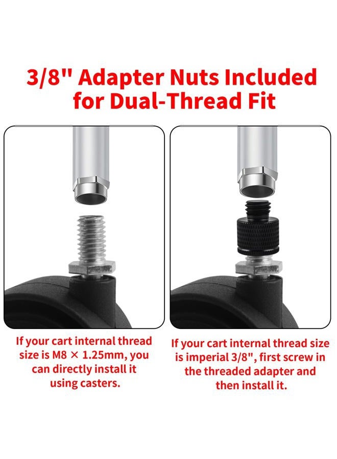 HOWDIA 4 Pcs M8×1.25 Thread (with 3/8 Adapter Nuts) 1.5" Swivel Caster Wheels with Brake, Light-Duty Casters Replacement for Carts/Small Furniture, Fits Metric M8 & Imperial 3/8, (30kg Total, 4-Pack) - Image 3