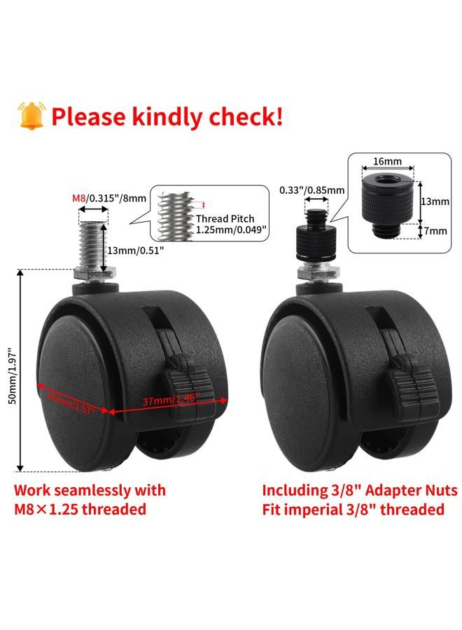 HOWDIA 4 Pcs M8×1.25 Thread (with 3/8 Adapter Nuts) 1.5" Swivel Caster Wheels with Brake, Light-Duty Casters Replacement for Carts/Small Furniture, Fits Metric M8 & Imperial 3/8, (30kg Total, 4-Pack) - Image 2
