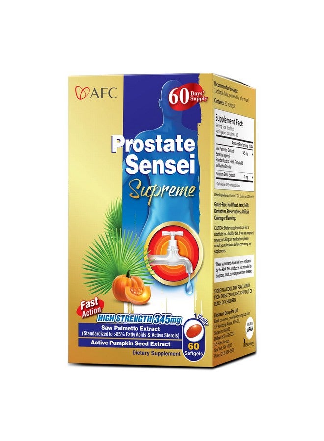 أفس AFC Japan Prostate Sensei Supreme - قوة سريرية من Saw Palmetto تحتوي على أكثر من 85% من الأحماض الدهنية والستيرولات النشطة لصحة البروستاتا، وتقليل التبول المتكرر، وإفراغ المثانة بشكل أفضل، إمداد لمدة 60 يومًا