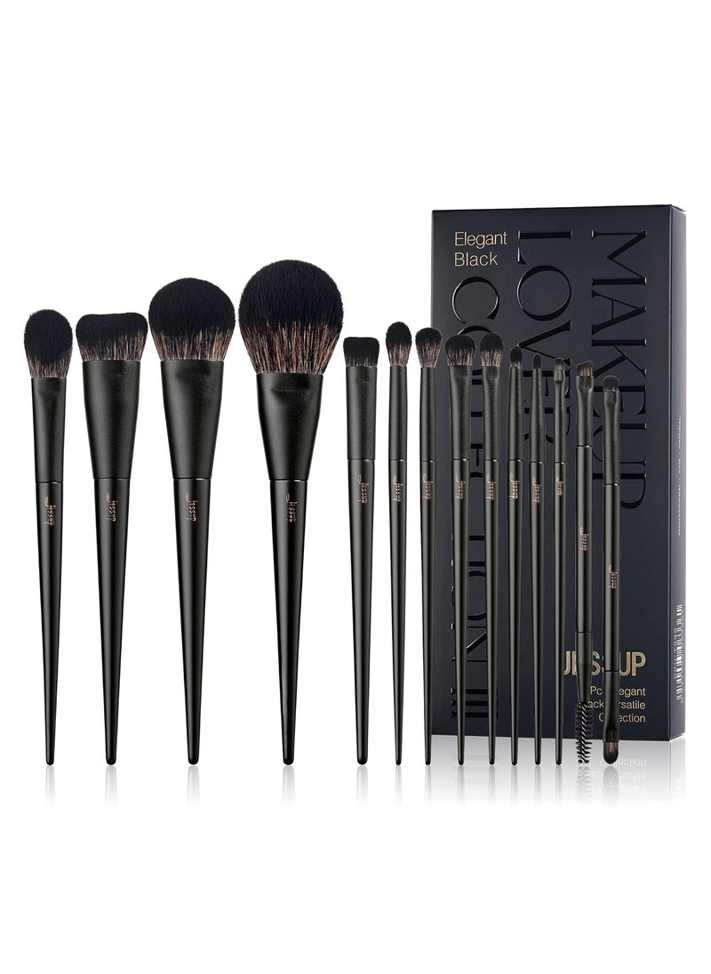 Jessup Makeup Brushes Set Jessup Make up Brushes 14Pcs Black Kabuki Foundation Eyeshadow Contour Concealer Powder Eyeliner Crease Eyebrow Blending Brush, T336 