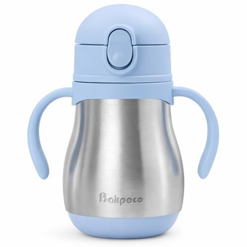 Bakpoco Stainless Steel Straw Sippy Cup for Toddlers 1-3 Years Old, Insulated Toddler Water Bottle Baby Training Tumbler with Handles, 8oz Kids Straw Cups for Travel, Daycare & At Home, Blue - Image 1