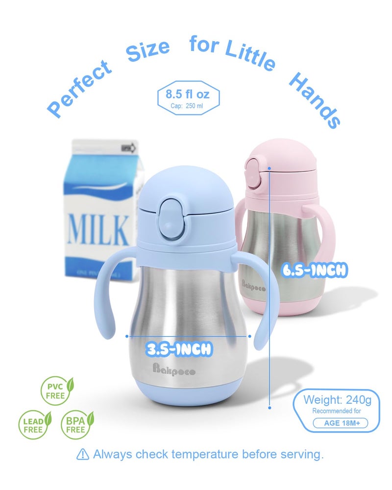 Bakpoco Stainless Steel Straw Sippy Cup for Toddlers 1-3 Years Old, Insulated Toddler Water Bottle Baby Training Tumbler with Handles, 8oz Kids Straw Cups for Travel, Daycare & At Home, Blue - Image 2
