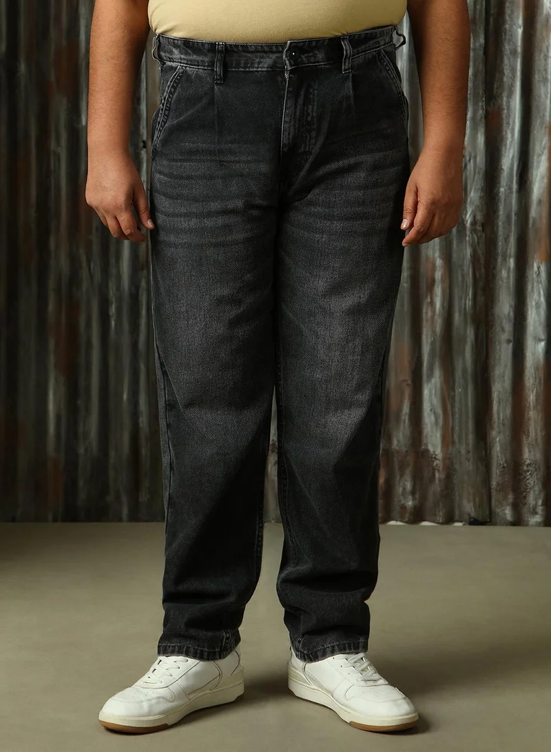 HIGH STAR Men's Black 100% Cotton Distressed Full Length Plus Size Relaxed Fit Jeans