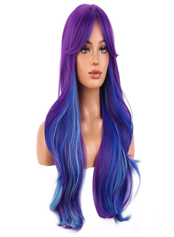 BERON Dark Purple and Blue Wig for Women Girls Long Curly Wave Wig with Bangs Two Tone Wavy Heat Resistant Synthetic Wigs Cosplay Costume Party or Daily Use - Image 3