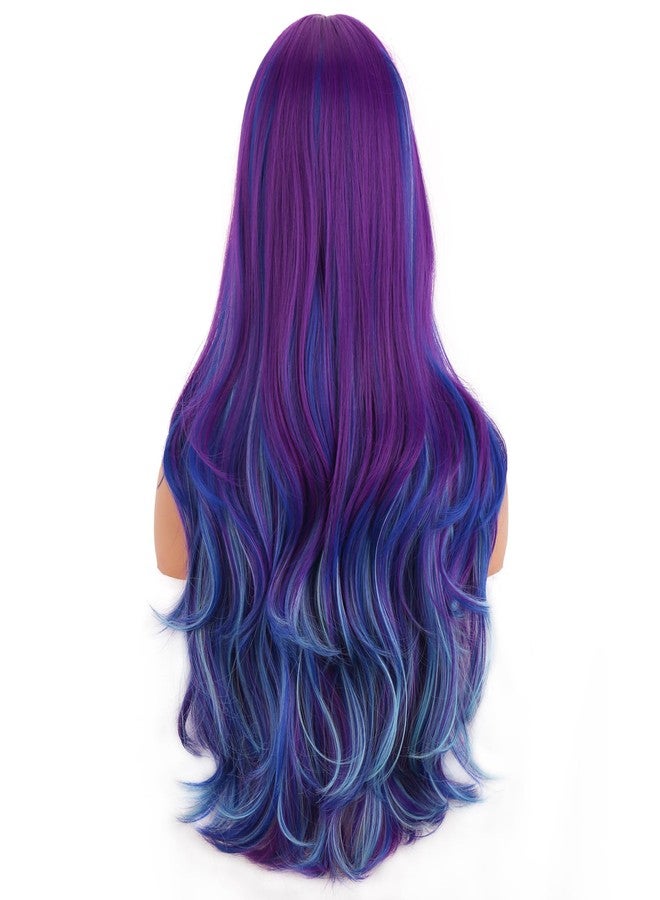 BERON Dark Purple and Blue Wig for Women Girls Long Curly Wave Wig with Bangs Two Tone Wavy Heat Resistant Synthetic Wigs Cosplay Costume Party or Daily Use - Image 4