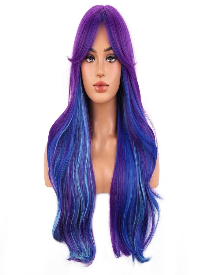 BERON Dark Purple and Blue Wig for Women Girls Long Curly Wave Wig with Bangs Two Tone Wavy Heat Resistant Synthetic Wigs Cosplay Costume Party or Daily Use - Image 2