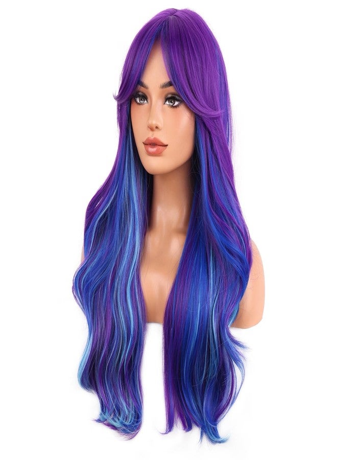 BERON Dark Purple and Blue Wig for Women Girls Long Curly Wave Wig with Bangs Two Tone Wavy Heat Resistant Synthetic Wigs Cosplay Costume Party or Daily Use - Image 1