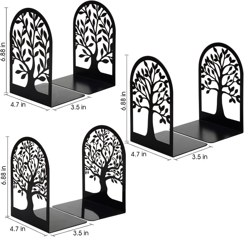 HappyHapi Book Ends, Metal Bookends for Shelves Decorative, Tree Stopper for Heavy Books, Black Ends to Hold Books for Home Office, 6.5 X 4.7 X 3.5 Inch(3 Pairs/6 Pcs, Large) - Image 2