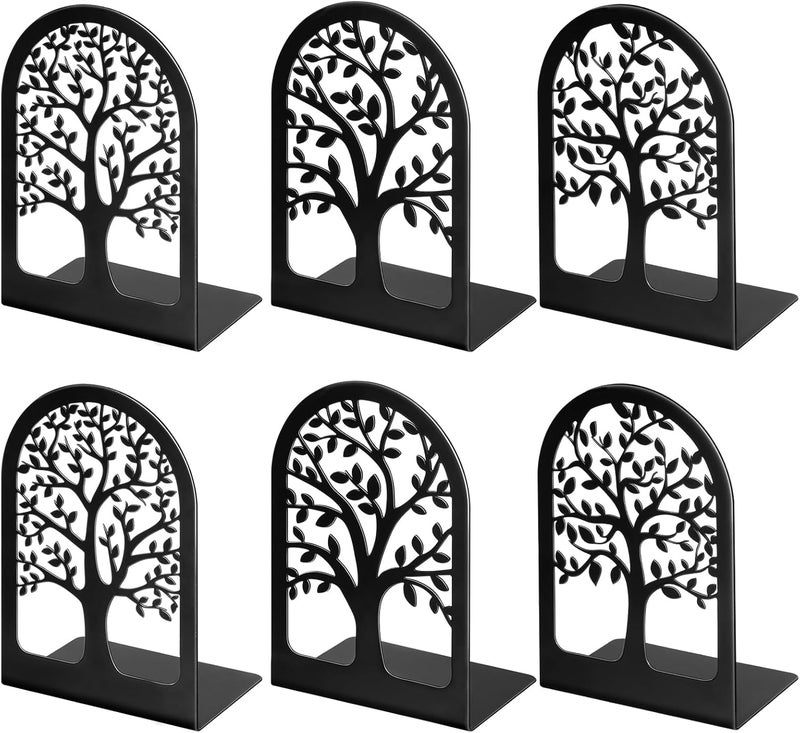 HappyHapi Book Ends, Metal Bookends for Shelves Decorative, Tree Stopper for Heavy Books, Black Ends to Hold Books for Home Office, 6.5 X 4.7 X 3.5 Inch(3 Pairs/6 Pcs, Large) - Image 1