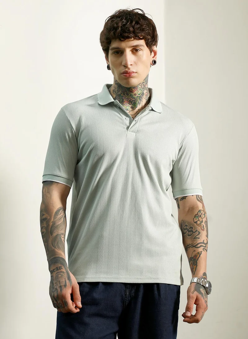 Campus Sutra Men's Light Green Textured Polo T-Shirt - Slim Fit, Breathable Poly-Spandex Blend