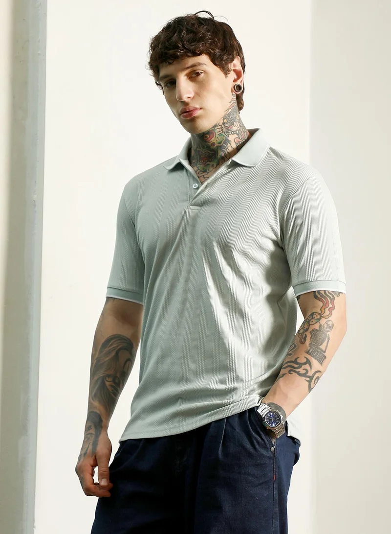 Campus Sutra  Men's Light Green Textured Polo T-Shirt - Slim Fit, Breathable Poly-Spandex Blend for Men | Best Price UAE