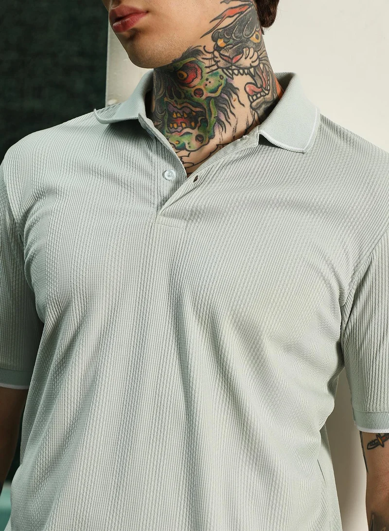 Campus Sutra  Men's Light Green Textured Polo T-Shirt - Slim Fit, Breathable Poly-Spandex Blend for Men | Best Price UAE
