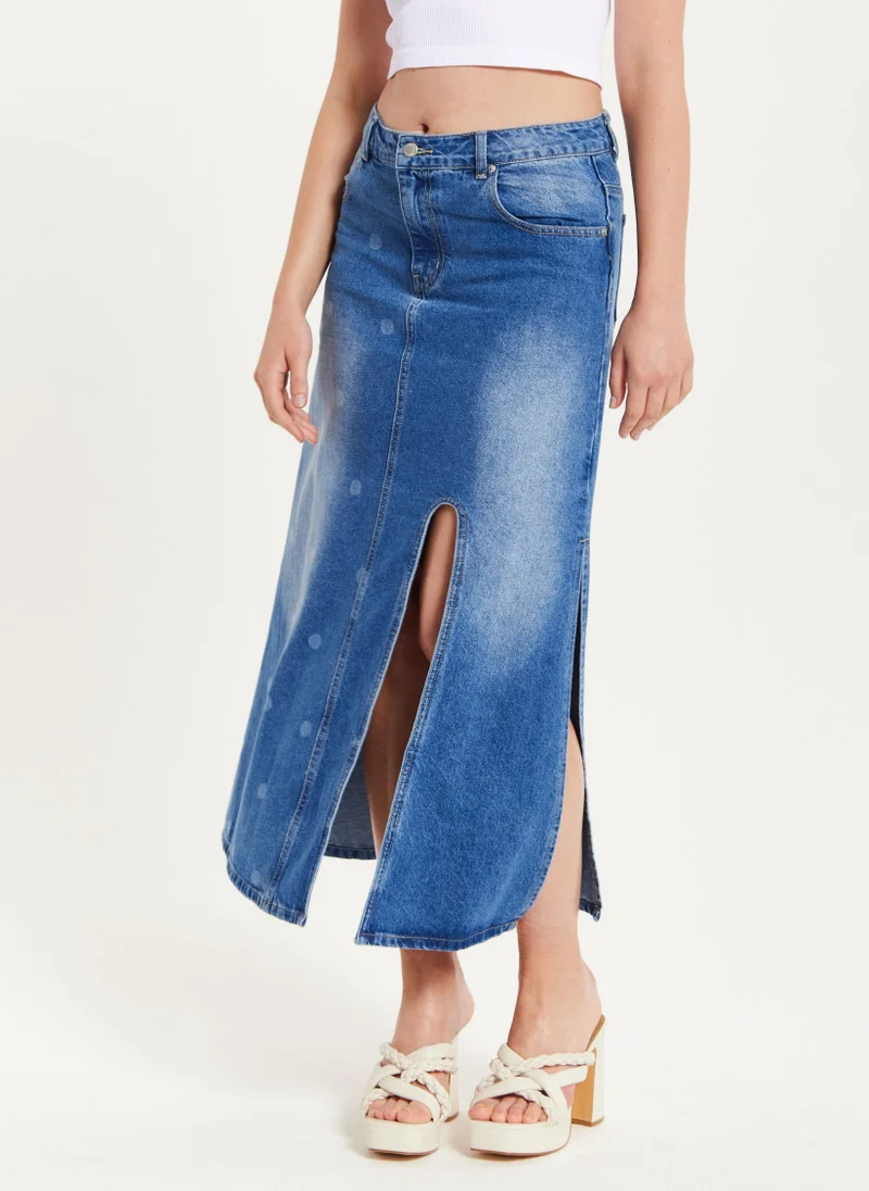 Liquorish Polka Dot Maxi Denim Skirt