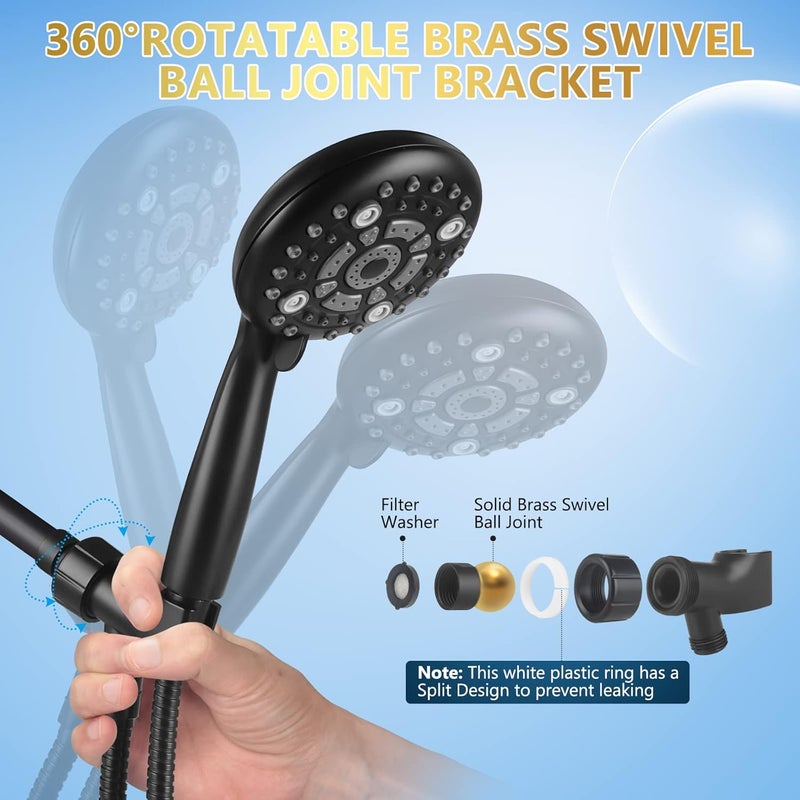 DAKINGS 6 Spray Modes High Pressure Handheld Showerhead Set Upgraded 5 Inches Shower Head with Handheld Spray Matte Black Handheld Shower Head 60 Inches Stainless Steel Hose-1-Min Install - Image 5