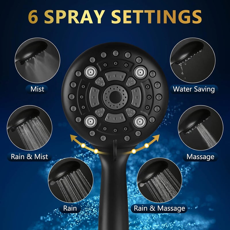 DAKINGS 6 Spray Modes High Pressure Handheld Showerhead Set Upgraded 5 Inches Shower Head with Handheld Spray Matte Black Handheld Shower Head 60 Inches Stainless Steel Hose-1-Min Install - Image 2