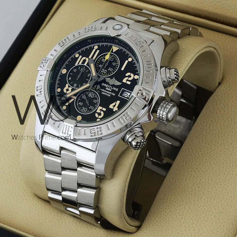 Breitling Chronograph Black Watch for Men with Silver Stainless steel strap