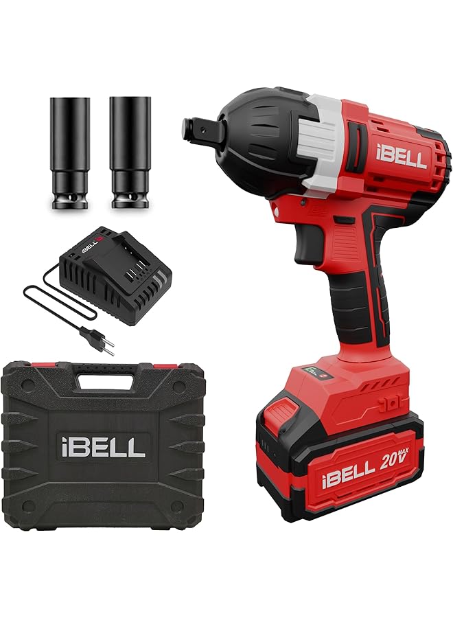 آي بيل طقم مفتاح ربط صدمي لاسلكي Ibell Bw20-50، 20 فولت، ½ بوصة، عزم دوران 650 نيوتن متر، عزم أقصى 500 نيوتن متر، سرعة دوران 2200 دورة في الدقيقة، 3200 دورة في الدقيقة، بطارية 4.0 أمبير/ساعة، مقابس صدمية، شاحن سريع، وصندوق BMC - Image 1