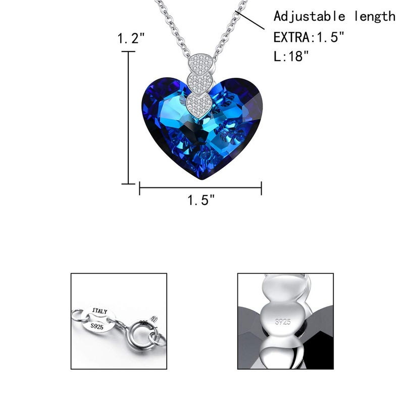 EleQueen 925 Sterling Silver CZ "Courageous Heart" Inspired Pendant Necklace Ocean Blue Made with Crystals - Image 2