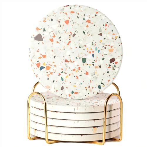 ilohaus Terrazzo Drink Absorbent Coasters with Holder Set of 6, Ceramic Coaster for Drinks, Coffee Table Decor, Water Absorbing Stone Coaster for Drinks (Marble) - Image 1