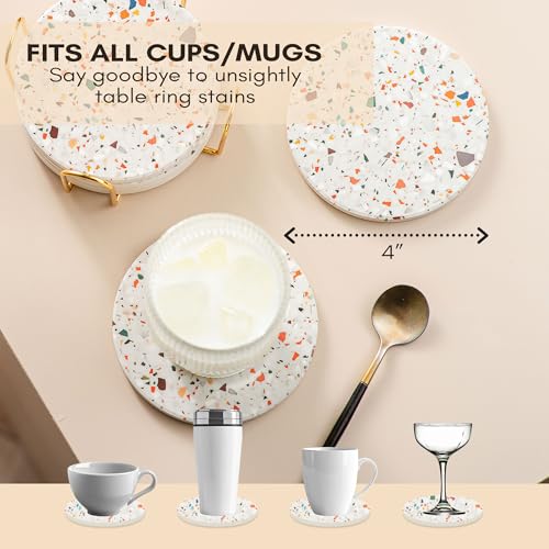 ilohaus Terrazzo Drink Absorbent Coasters with Holder Set of 6, Ceramic Coaster for Drinks, Coffee Table Decor, Water Absorbing Stone Coaster for Drinks (Marble) - Image 3