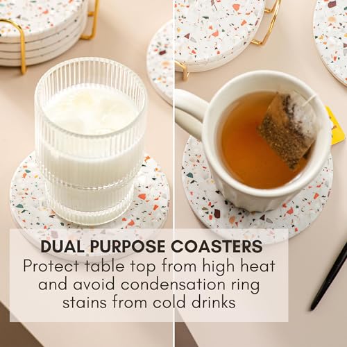 ilohaus Terrazzo Drink Absorbent Coasters with Holder Set of 6, Ceramic Coaster for Drinks, Coffee Table Decor, Water Absorbing Stone Coaster for Drinks (Marble) - Image 5