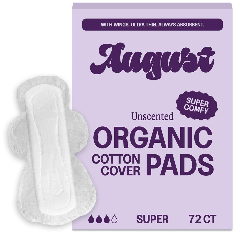 August Super Cotton Menstrual Pads, 72-Pack Ultra Thin Pads with Wings, Hypoallergenic Sanitary Napkins with Organic Cotton Topsheet, Compostable Wrappers, Toxin Free, Fragrance Free - Image 1