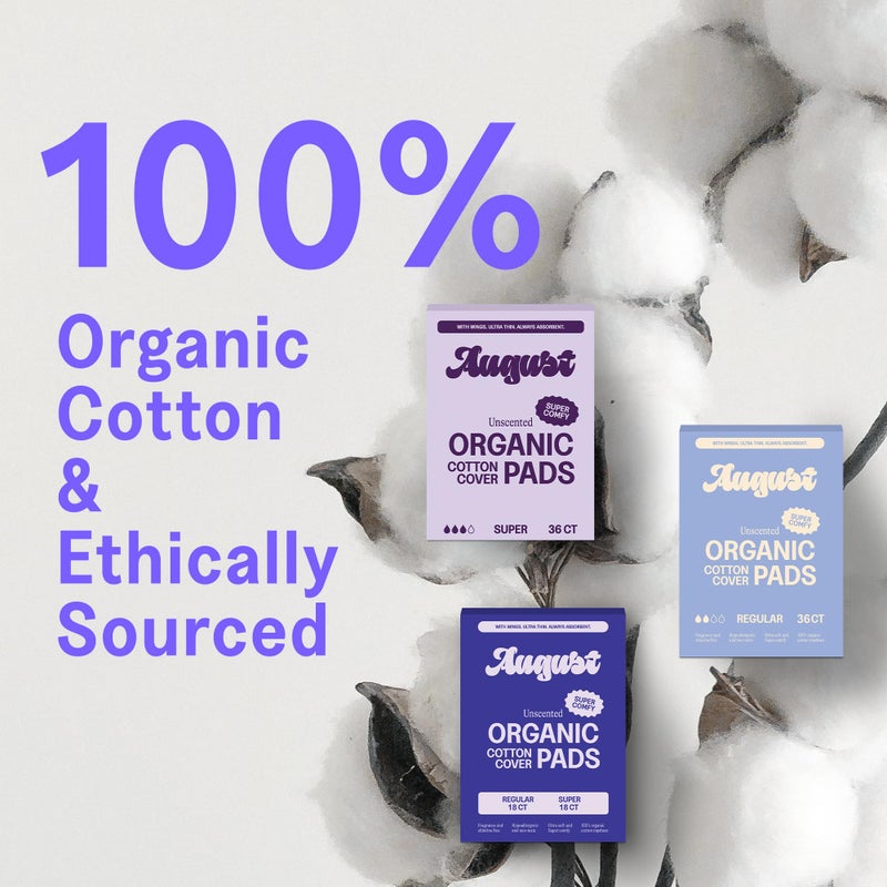 August Super Cotton Menstrual Pads, 72-Pack Ultra Thin Pads with Wings, Hypoallergenic Sanitary Napkins with Organic Cotton Topsheet, Compostable Wrappers, Toxin Free, Fragrance Free - Image 2