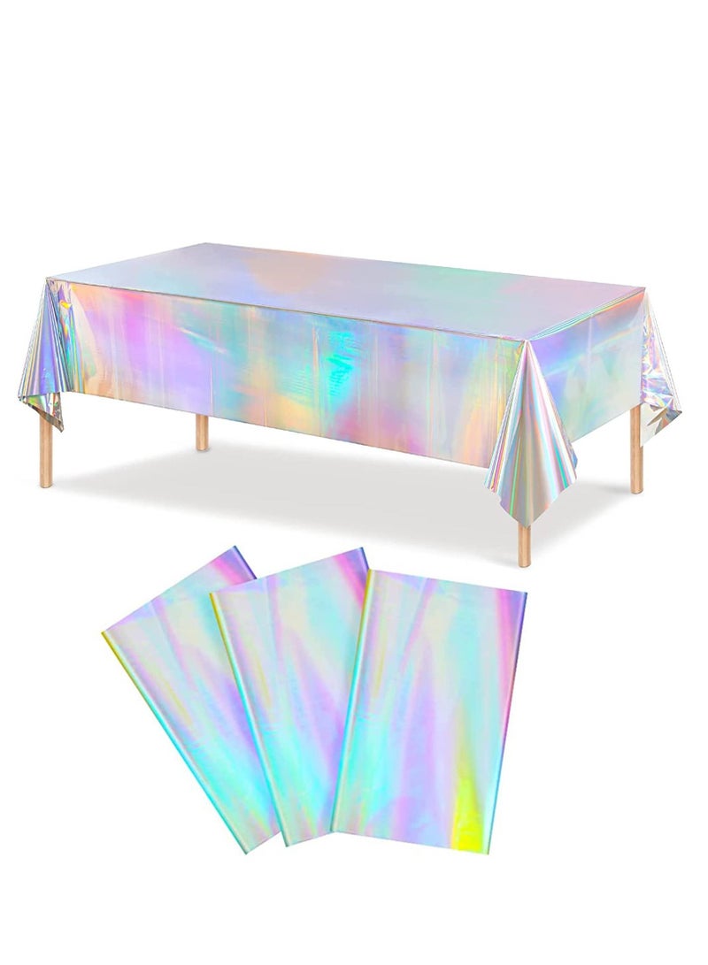 KASTWAVE 3 Pack Iridescence Plastic Tablecloths, Shiny Disposable Rectangle Table Covers, Iridescent Table Cloth for Wedding Party Birthday Christmas Baby Shower Decoration, 54" x 108" - Image 1