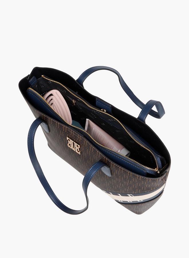Monogram Print Tote Bag with Double Handles and Zip Closure