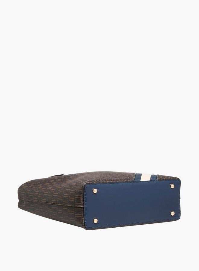 Monogram Print Tote Bag with Double Handles and Zip Closure