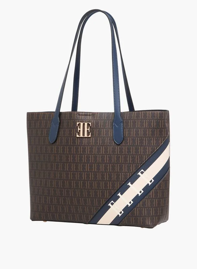 ELLE Monogram Print Tote Bag with Double Handles and Zip Closure