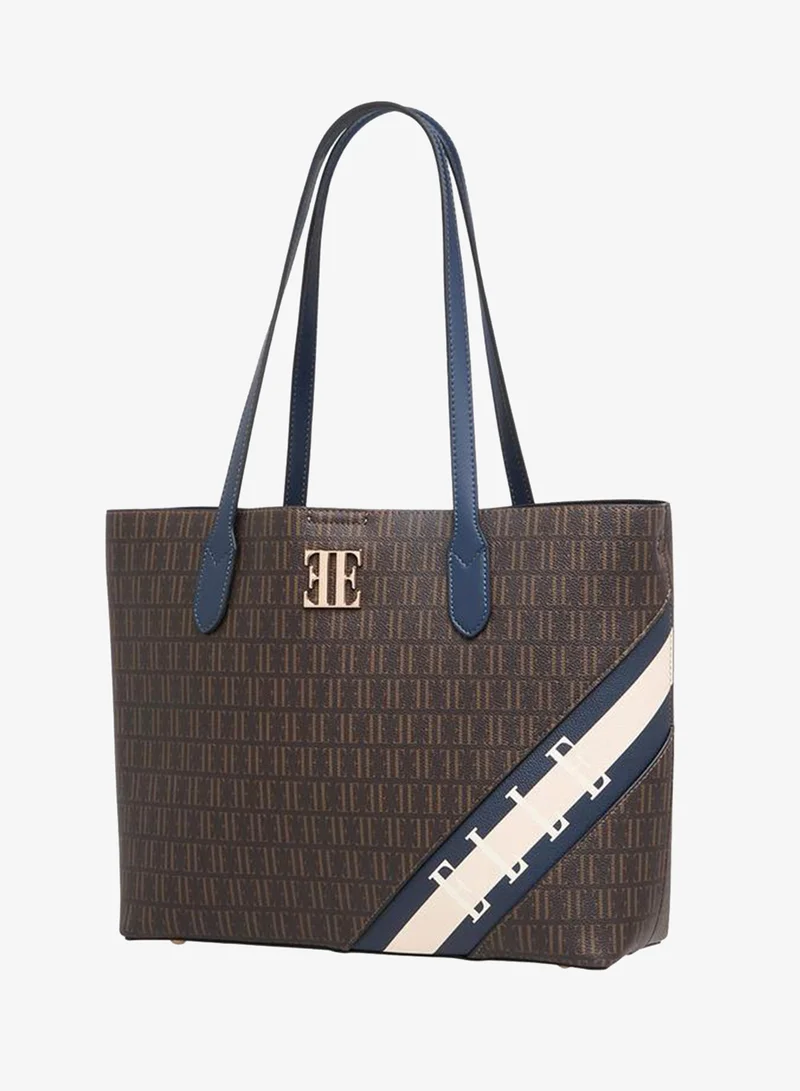 ELLE Monogram Print Tote Bag with Double Handles and Zip Closure