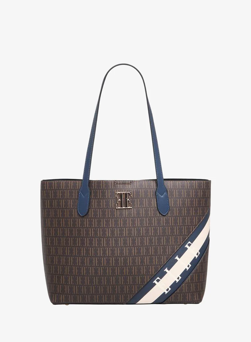 ELLE Monogram Print Tote Bag with Double Handles and Zip Closure