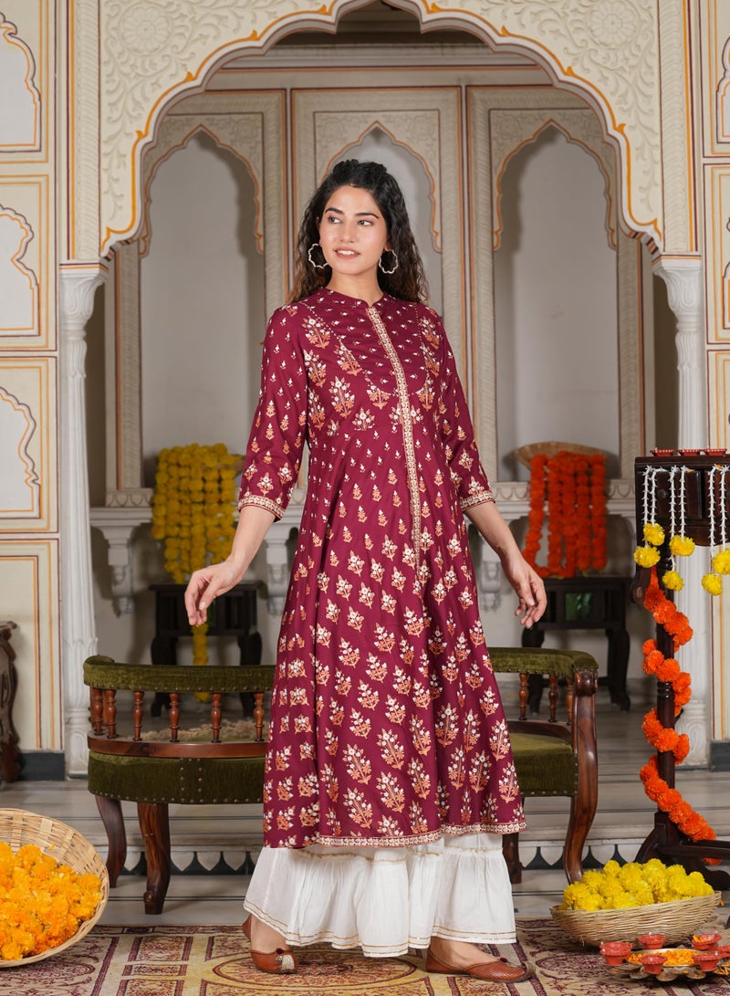 Yash Gallery Women's Rayon Floral Printed Regular Fit Anarkali Kurta for Women (1255YKMAROON_Maroon_XXXX-Large) - Image 3