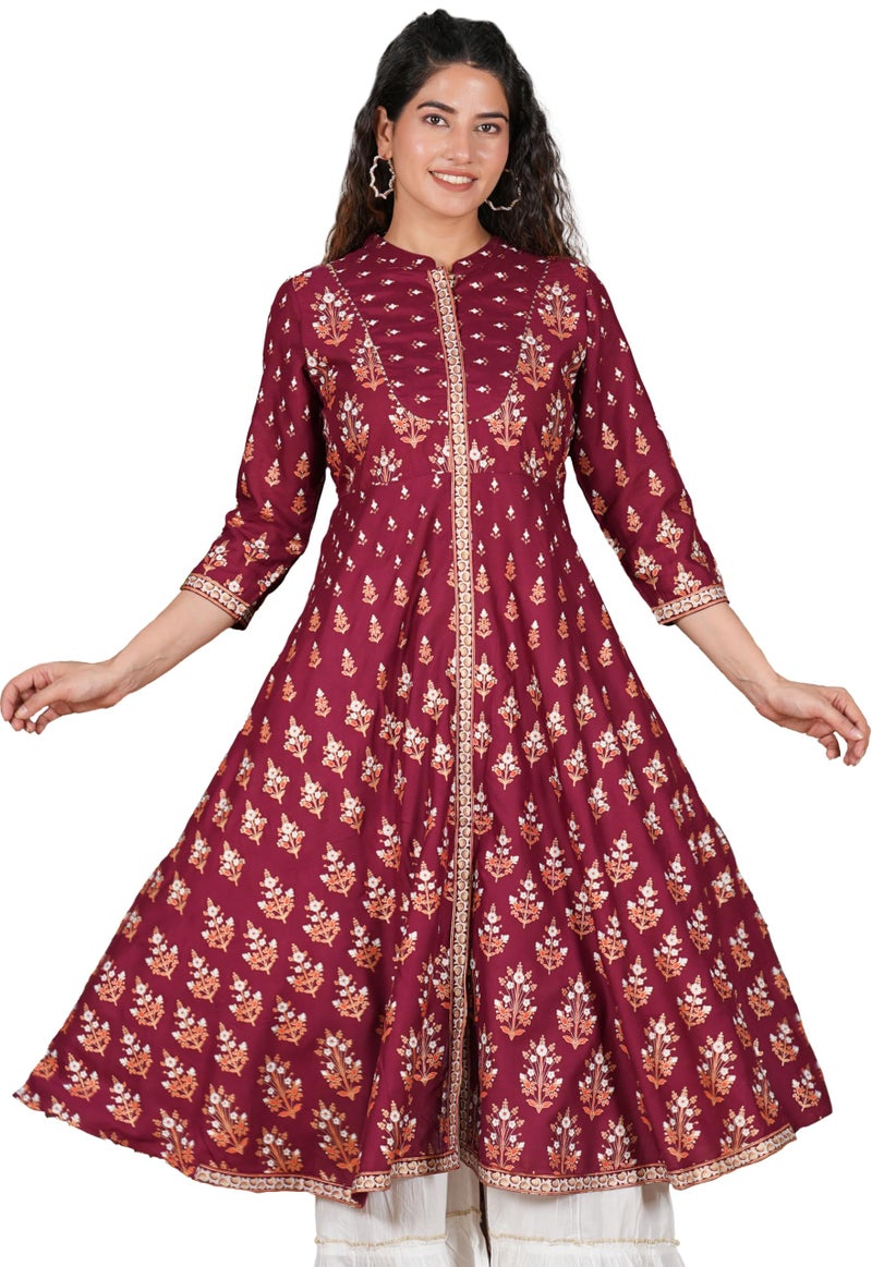 Yash Gallery Women's Rayon Floral Printed Regular Fit Anarkali Kurta for Women (1255YKMAROON_Maroon_XXXX-Large) - Image 1