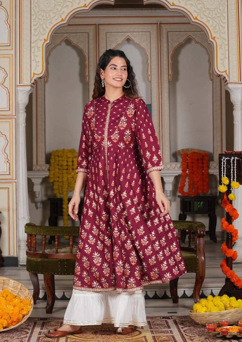 Yash Gallery Women's Rayon Floral Printed Regular Fit Anarkali Kurta for Women (1255YKMAROON_Maroon_XXXX-Large) - Image 2