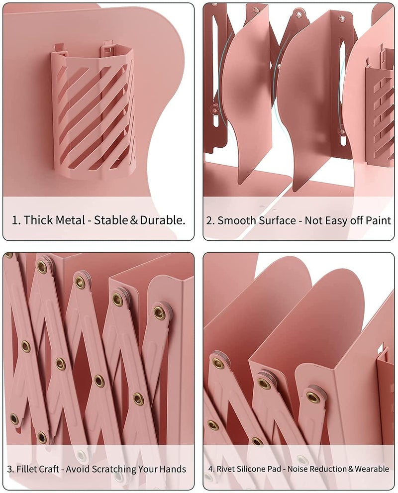 VOLO Expandable Desktop Bookend with Pen Holder – Adjustable Book Organizer, Book Stand and File Holder for Office Desk, Study Table, Pink - Image 3