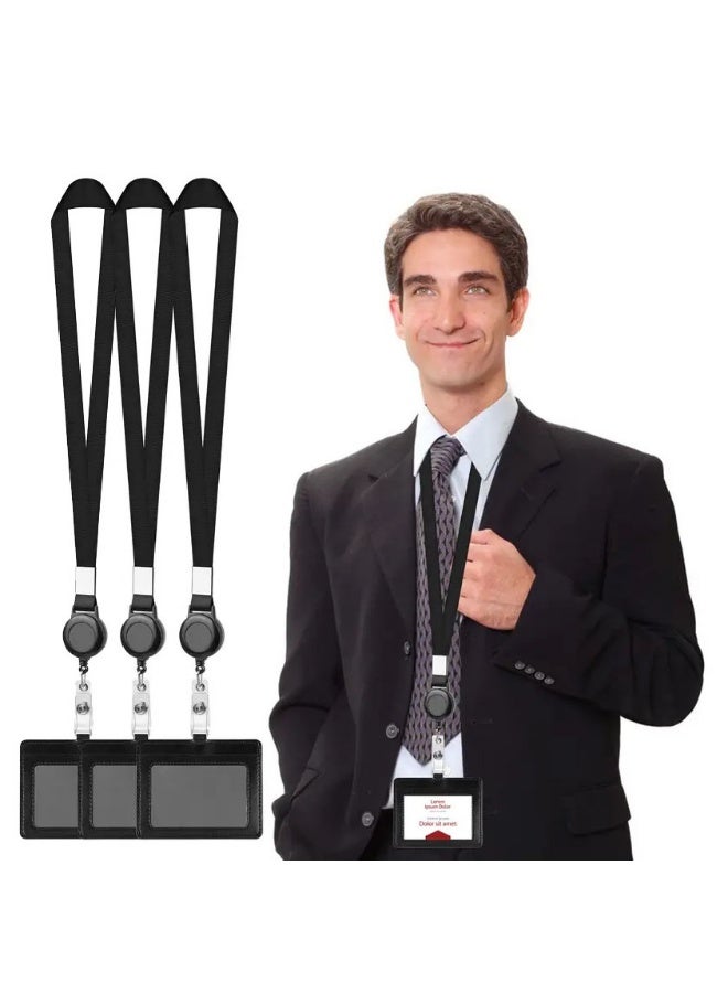FASHION HOME 3PCS ID Badge Holder with Lanyard Heavy Duty Retractable PU Leather Horizontal Name Card Case Protector - Image 1
