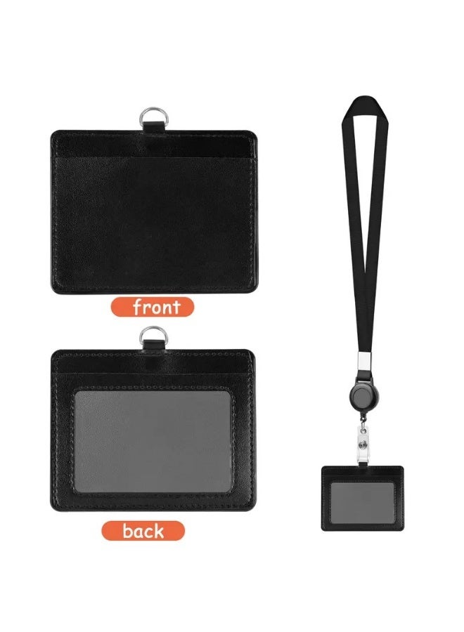 FASHION HOME 3PCS ID Badge Holder with Lanyard Heavy Duty Retractable PU Leather Horizontal Name Card Case Protector - Image 5