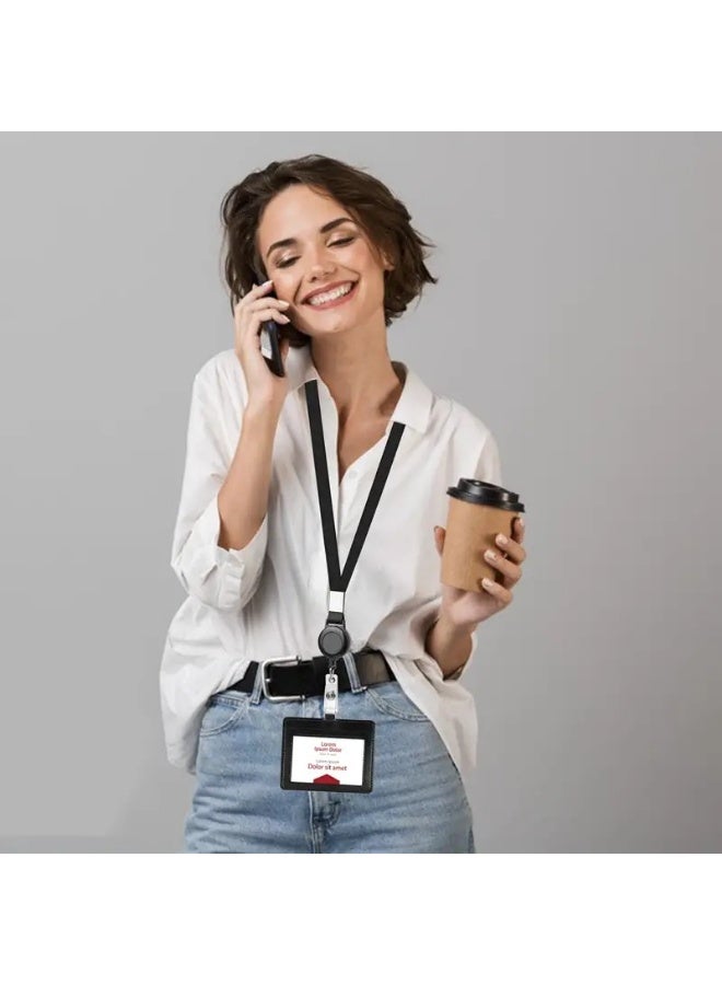 FASHION HOME 3PCS ID Badge Holder with Lanyard Heavy Duty Retractable PU Leather Horizontal Name Card Case Protector - Image 4