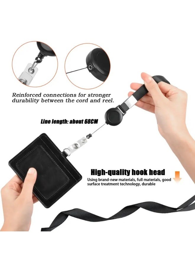 FASHION HOME 3PCS ID Badge Holder with Lanyard Heavy Duty Retractable PU Leather Horizontal Name Card Case Protector - Image 3
