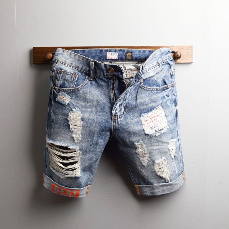 Generic Summer Light-colored Ripped Denim Shorts Mens Five-point Pants Slim-fit Korean-style Trendy Breeches Mens Thin Rouge Mid-length Pants Blue Cropped Pants