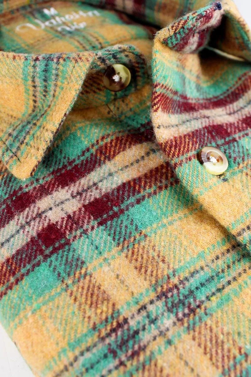 فاريتا Men's Gold Green Single Pocket Long Sleeve Winter Classic Cut Plaid Lumberjack Shirt