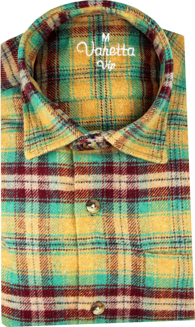 فاريتا Men's Gold Green Single Pocket Long Sleeve Winter Classic Cut Plaid Lumberjack Shirt